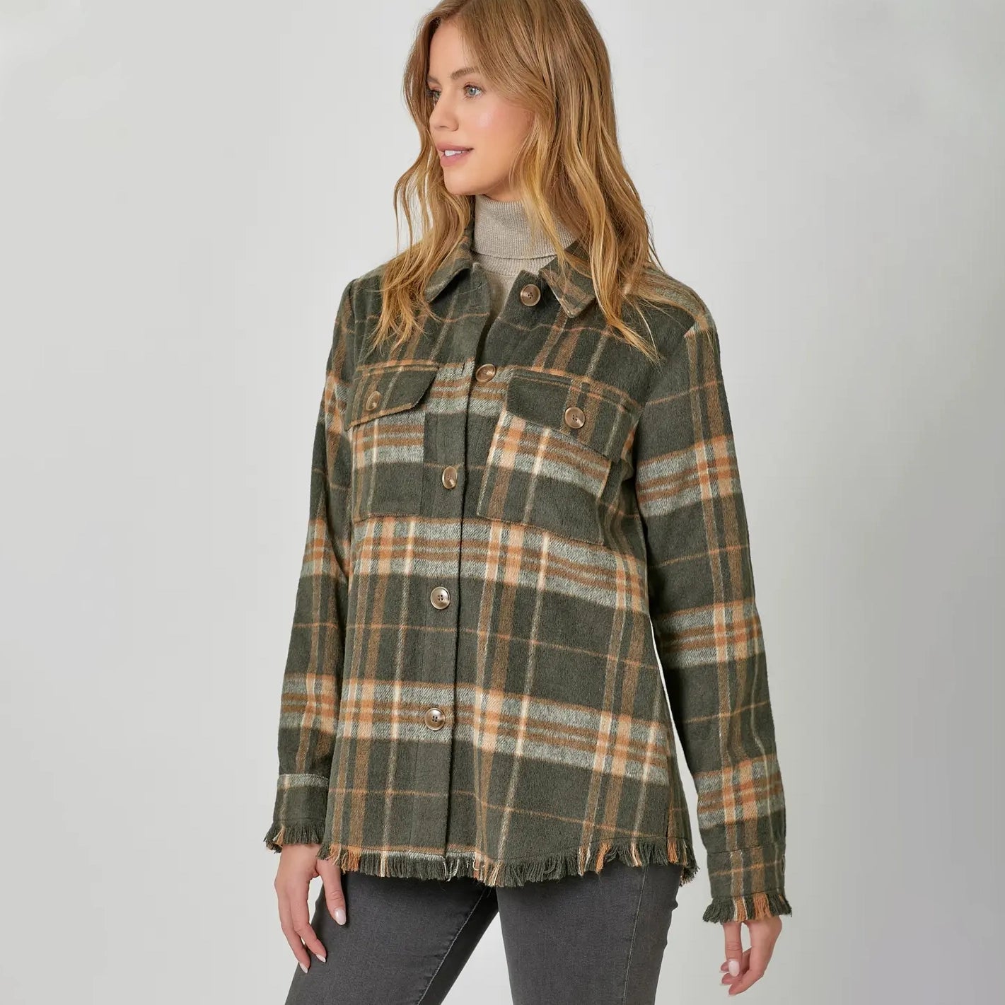 Fringe Detailed Green Plaid Women's Jacket