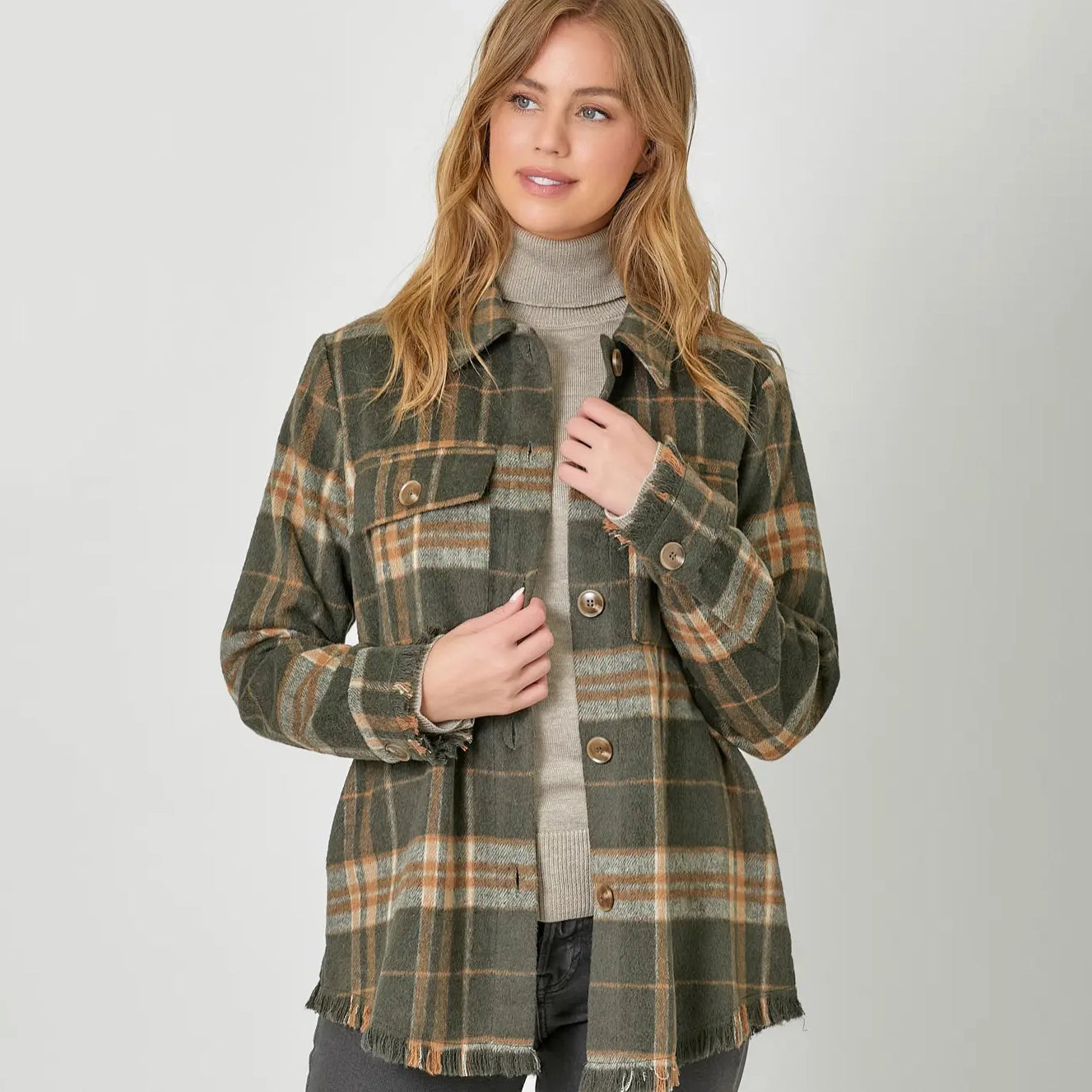Fringe Detailed Green Plaid Women's Jacket