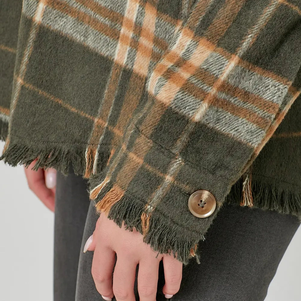 Fringe Detailed Green Plaid Women's Jacket