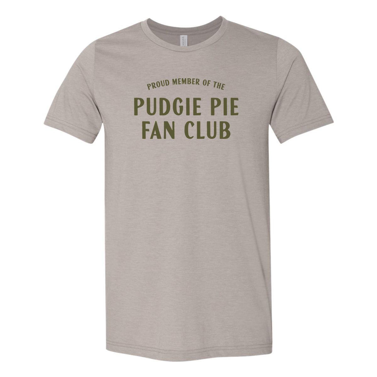 Pudgie Pie Fan Club Adult Unisex Tee. Heather Stone.