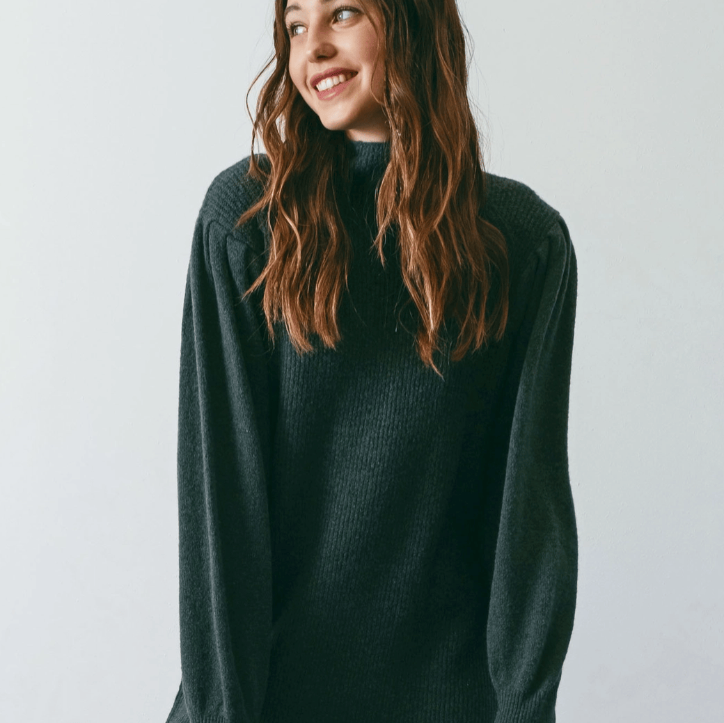 Hunter Green Mock Neck Puff Sleeve Sweater Dress. - Up North Boutique | Midwest Made | Apparel | Home Goods | Jewelry