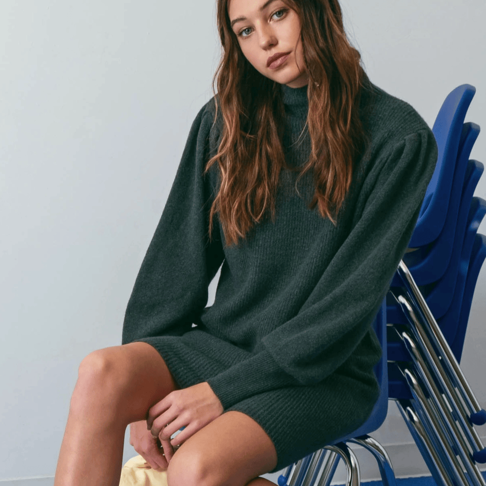 Hunter Green Mock Neck Puff Sleeve Sweater Dress. - Up North Boutique | Midwest Made | Apparel | Home Goods | Jewelry