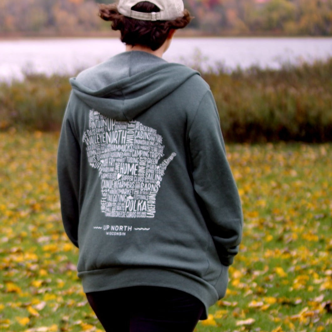 Wisconsin Favorites Full-Zip Hoodie. Forest Heather.