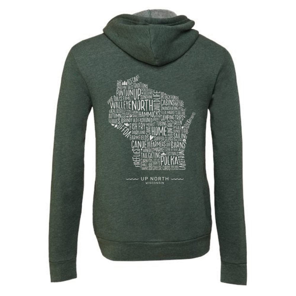 Wisconsin Favorites Full-Zip Hoodie. Forest Heather.