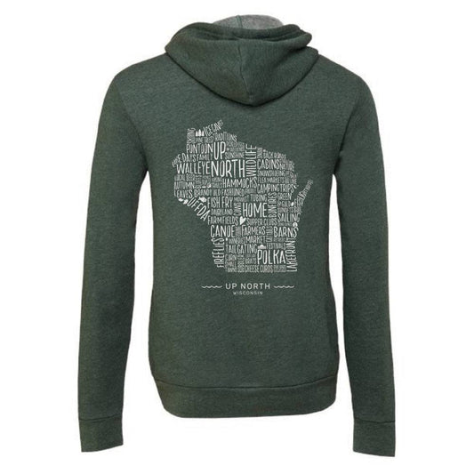 Wisconsin Favorites Full-Zip Hoodie. Forest Heather. - Up North Boutique | Midwest Made | Apparel | Home Goods | Jewelry