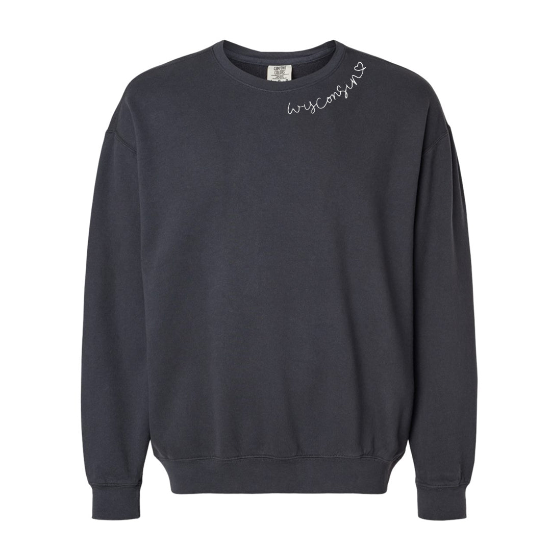 Wisconsin Script Embroidered Sweatshirt. Black.