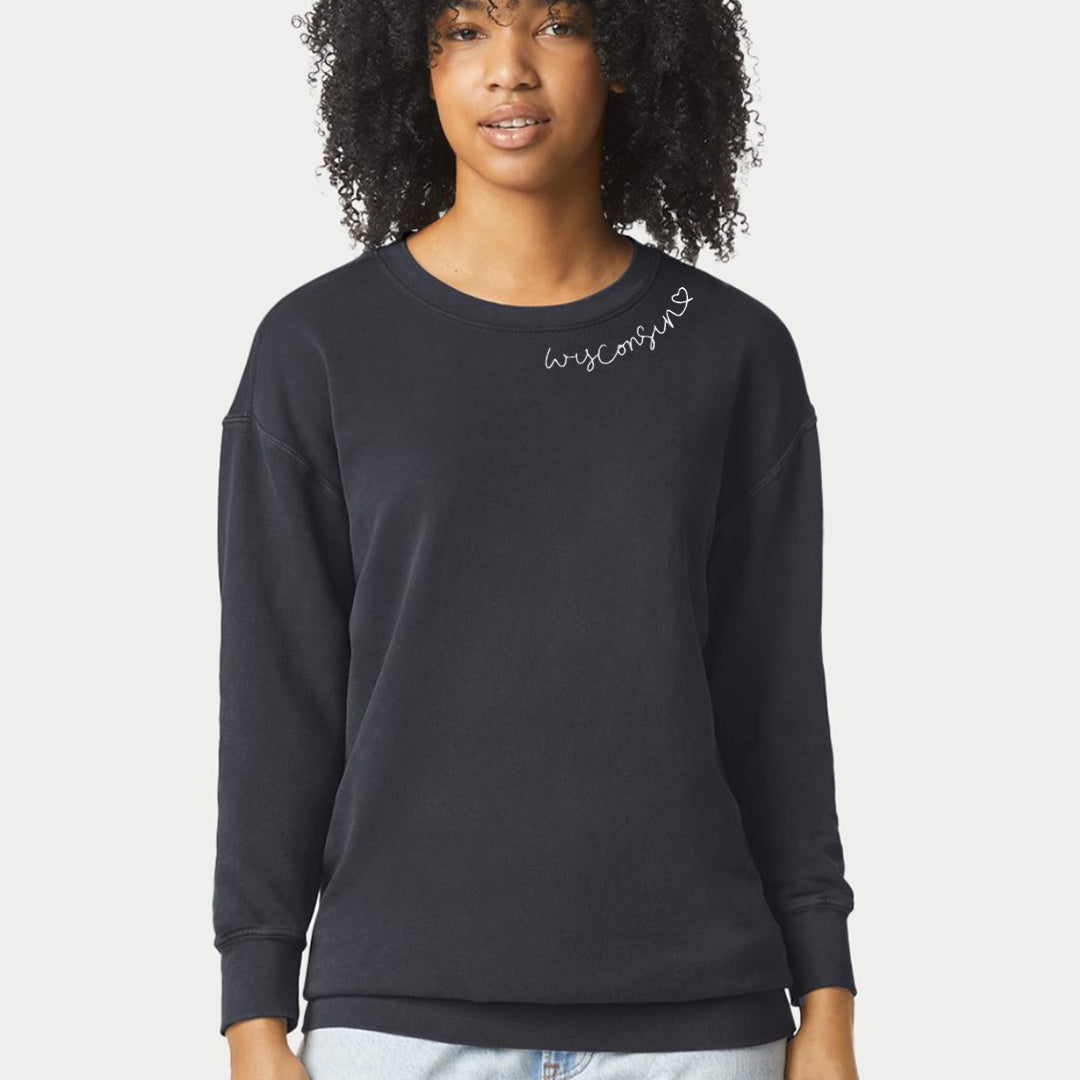 Wisconsin Script Embroidered Sweatshirt. Black.