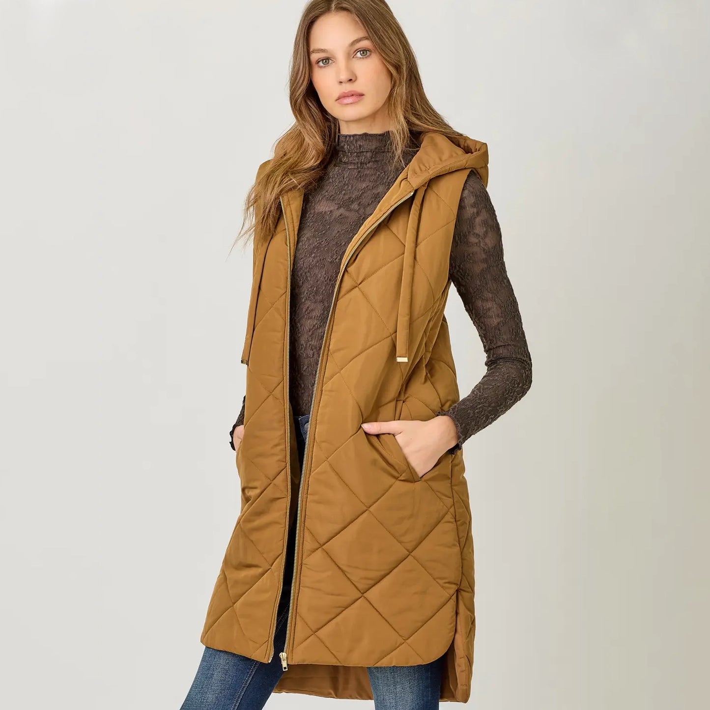 Quilted Puffer Long Hoodie Vest in Spiced Latte