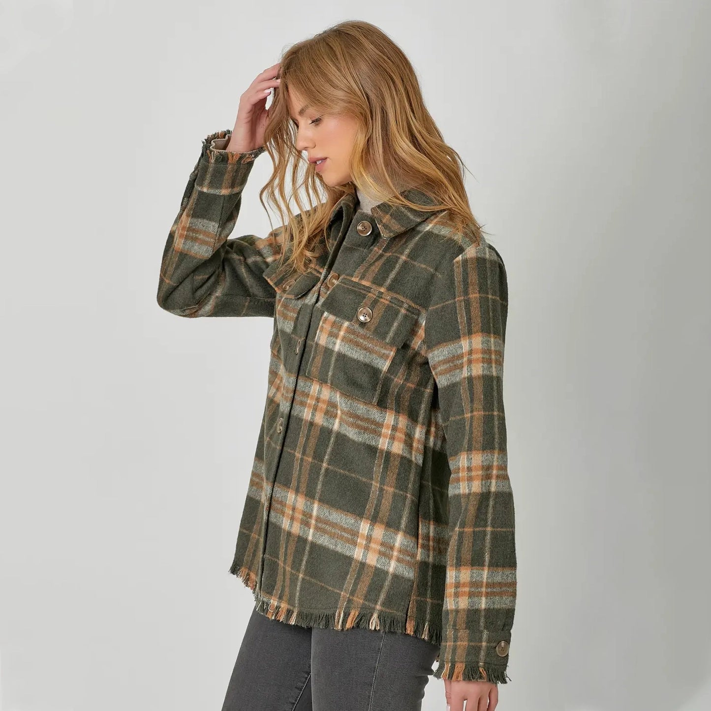 Fringe Detailed Green Plaid Women's Jacket