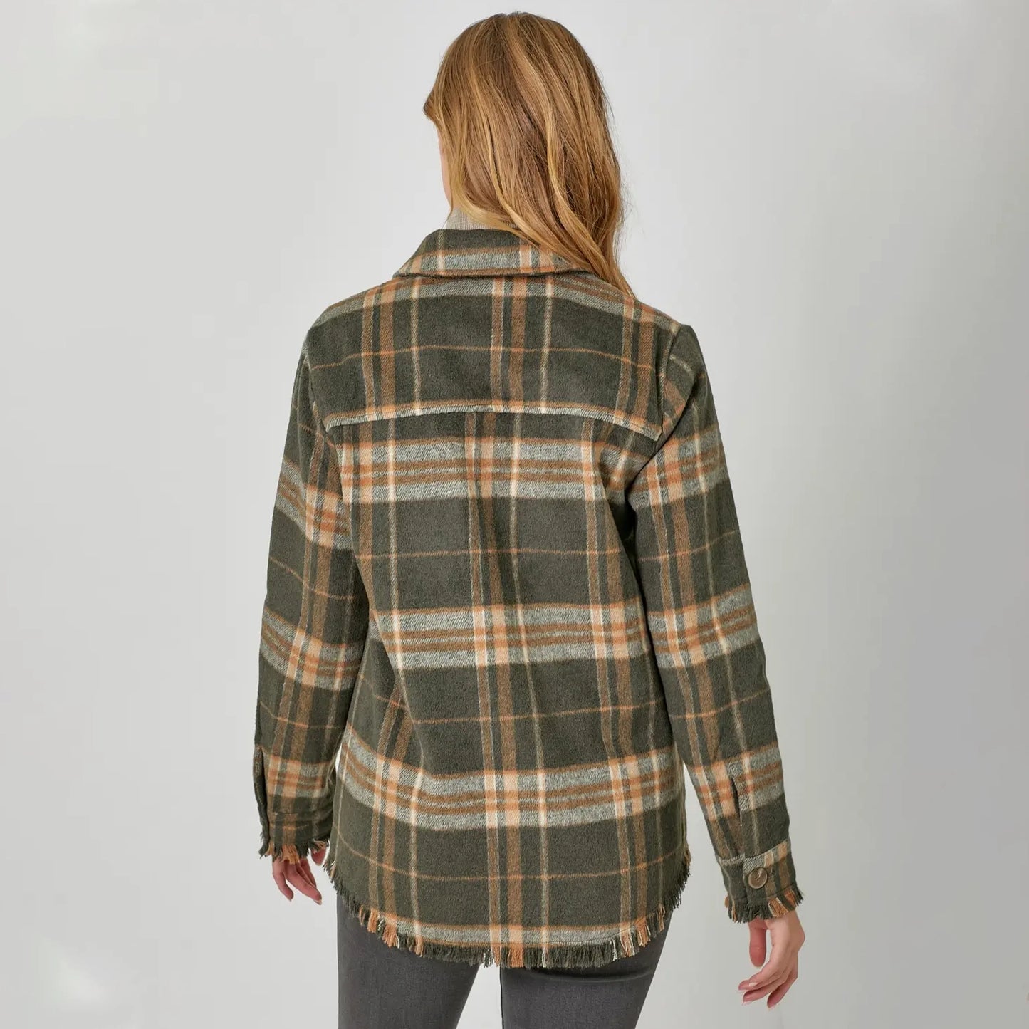 Fringe Detailed Green Plaid Women's Jacket