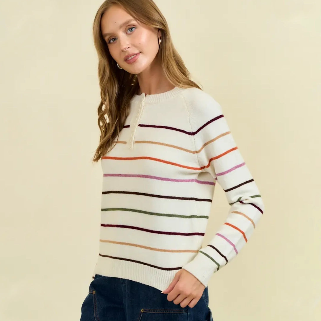 Multi Stripe Button Down Henry Neck Women's Sweater
