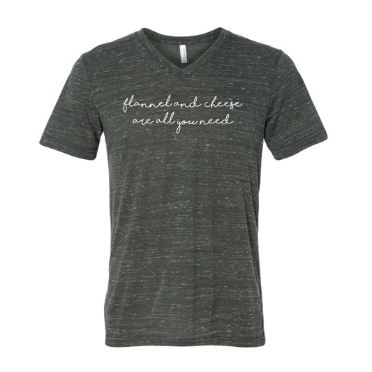 Flannel and Cheese Are All You Need Tee. Charcoal.