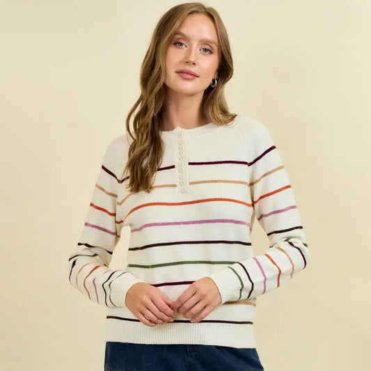 Multi Stripe Button Down Henry Neck Women's Sweater