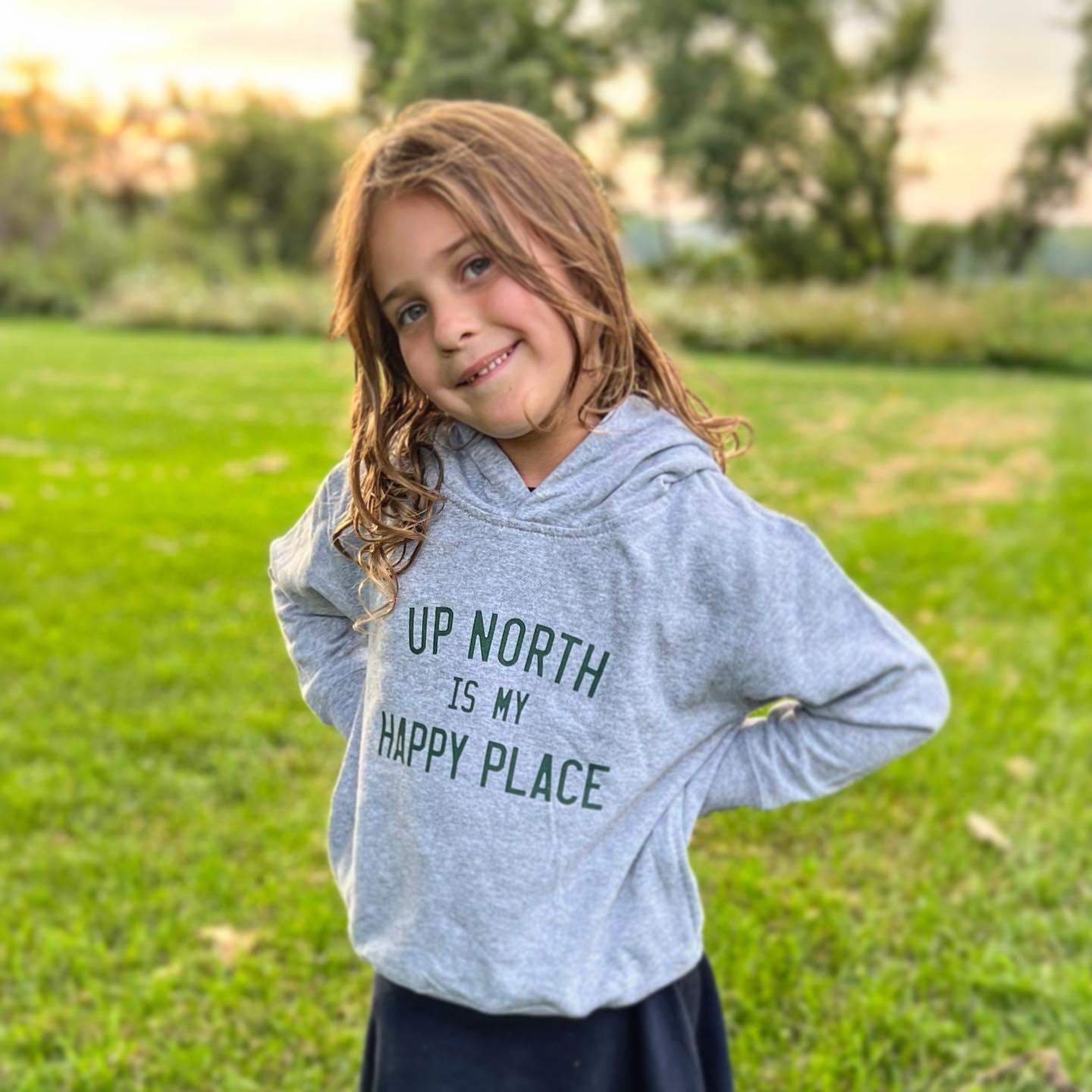 Up North Is My Happy Place Toddler Sweatshirt. Gray.