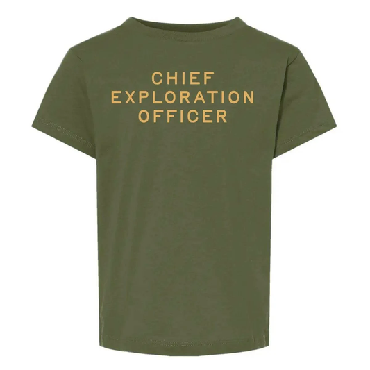 Chief Exploration Officer Kid's Graphic Tee. Military Green. - Up North Boutique | Midwest Made Goods