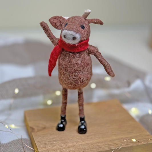Felted Cow in Red Scarf Ornament.
