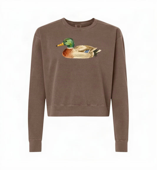 Mallard Duck Women's Crewneck Mid Length Sweatshirt. Espresso.
