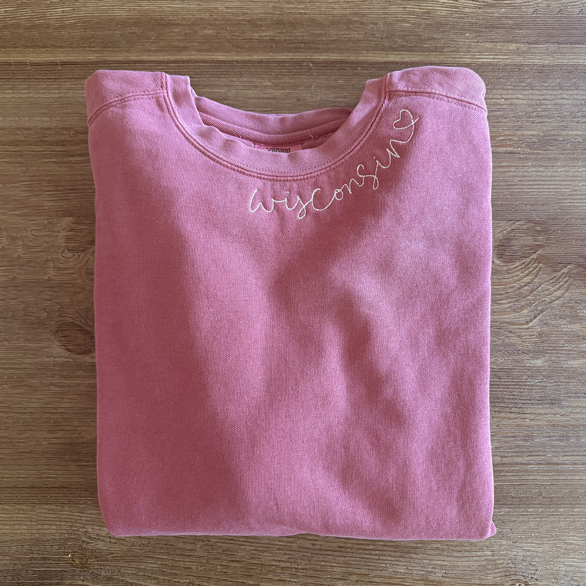 Wisconsin Script Embroidered Sweatshirt. Red.