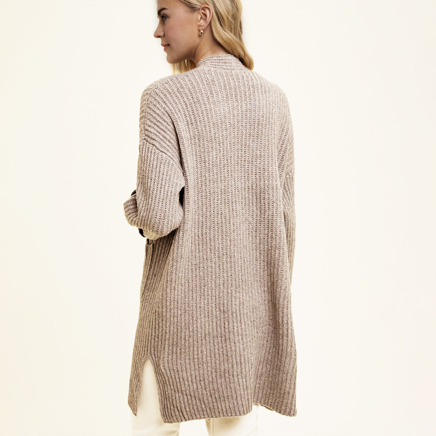 Brushed Ribbed Knit Long Cardigan. Taupe.