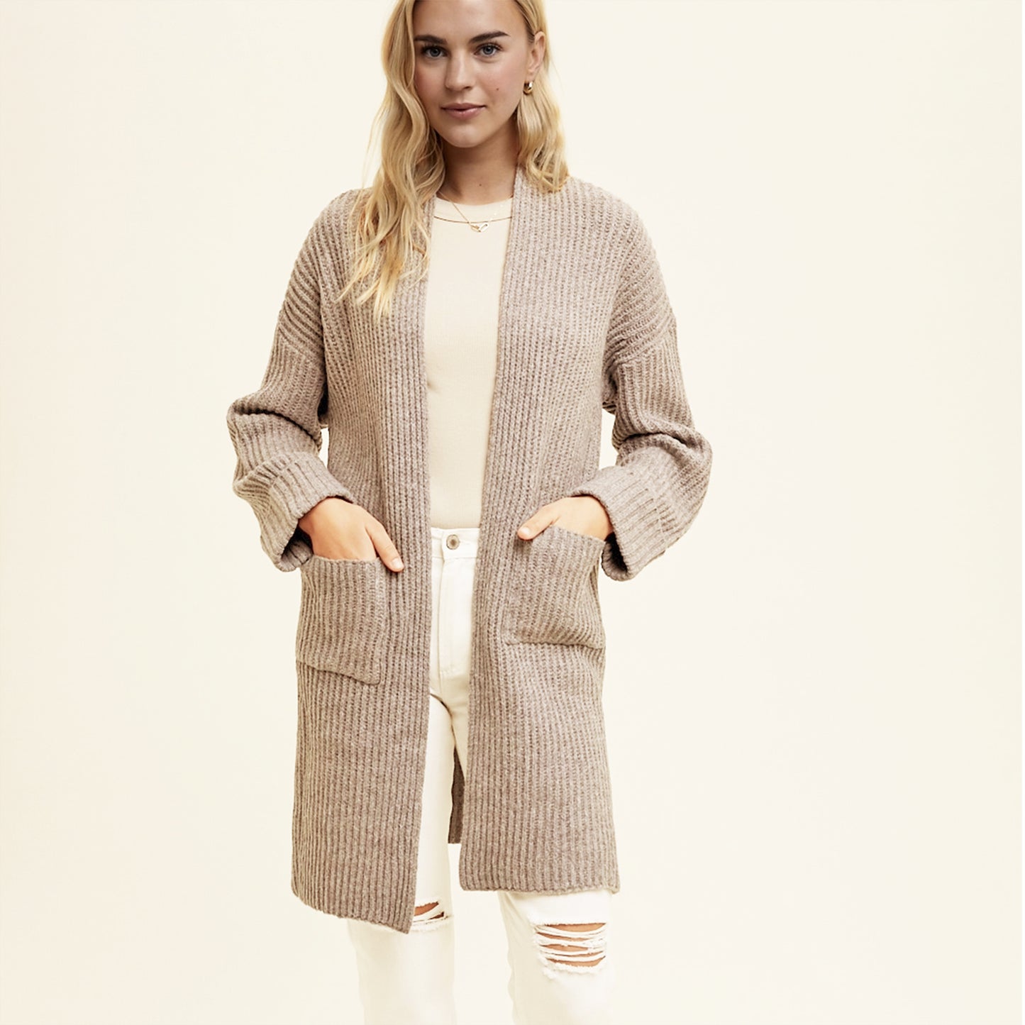 Brushed Ribbed Knit Long Cardigan. Taupe.