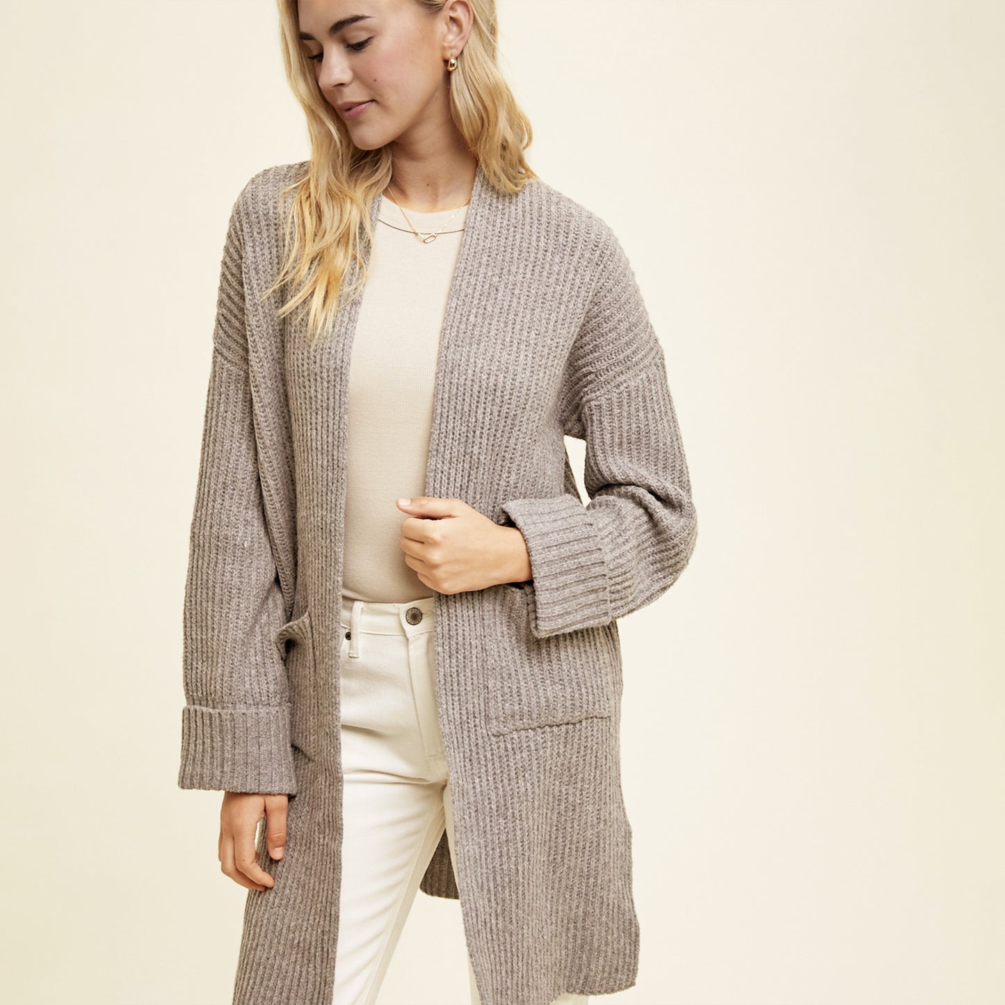 Brushed Ribbed Knit Long Cardigan. Taupe.
