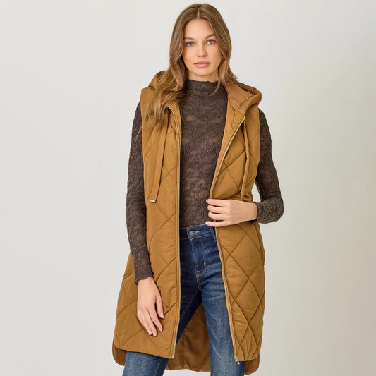 Quilted Puffer Long Hoodie Vest in Spiced Latte
