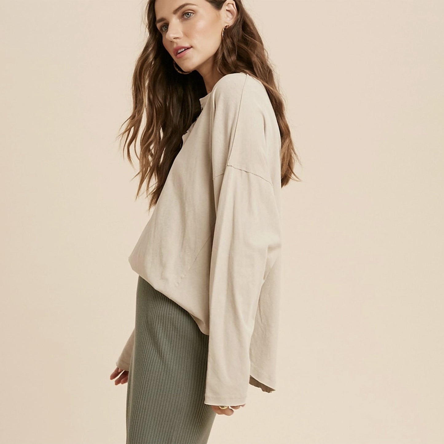 Oversized Henley Knit Top. Stone.