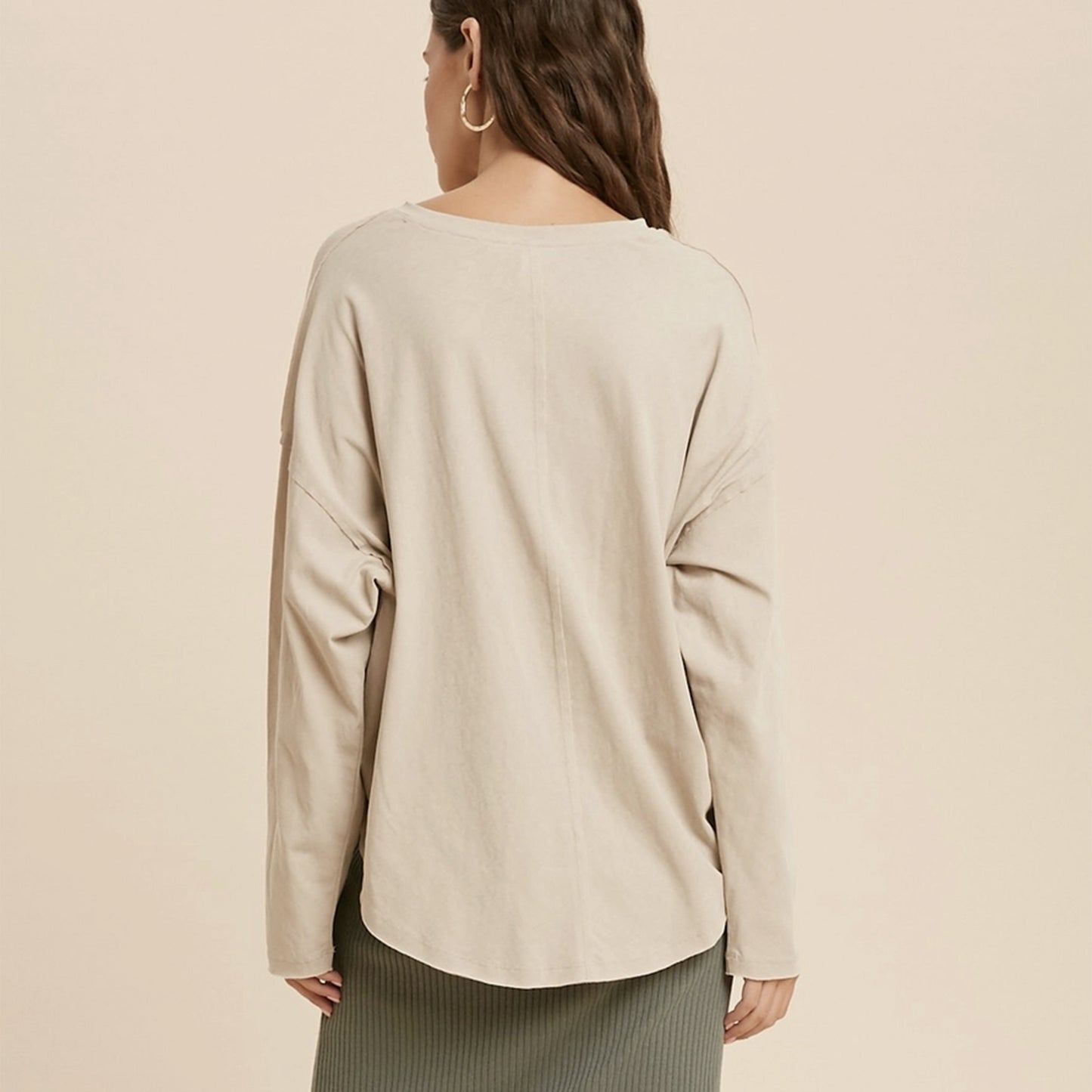 Oversized Henley Knit Top. Stone.