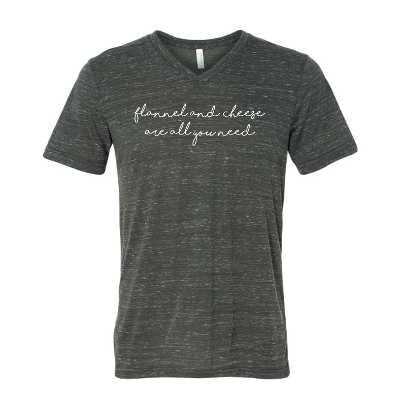 Flannel and Cheese Are All You Need Tee. Charcoal.
